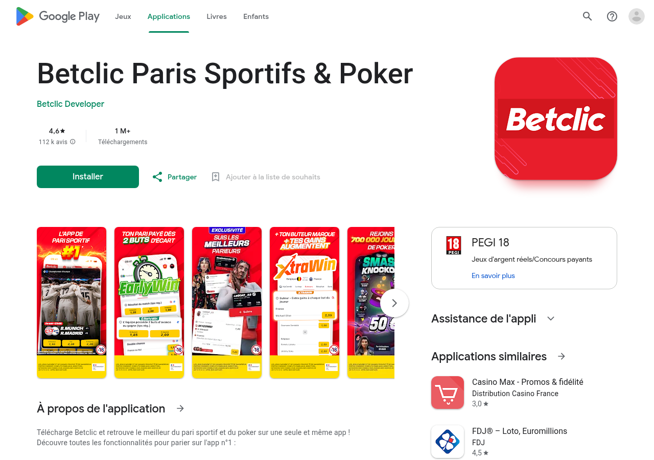 Fiche Betclic Paris Sportifs & Poker et avis publics sur Google Play