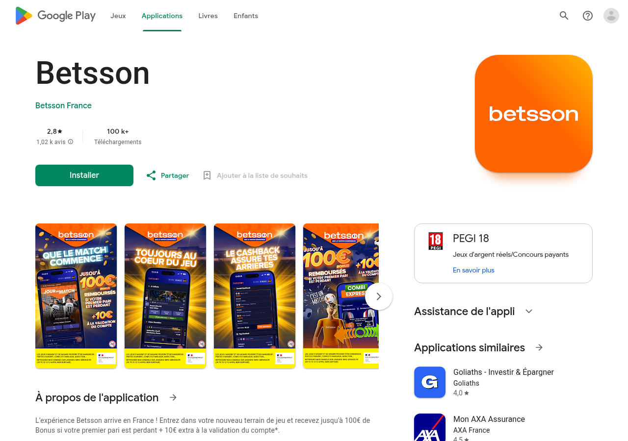 Fiche Betsson France et avis publics sur Google Play