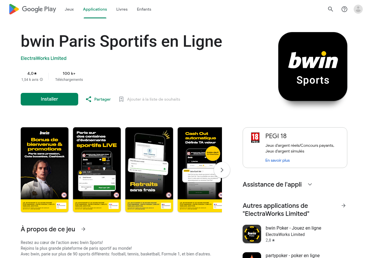 Fiche bwin Paris Sportifs en Ligne et avis publics sur Google Play