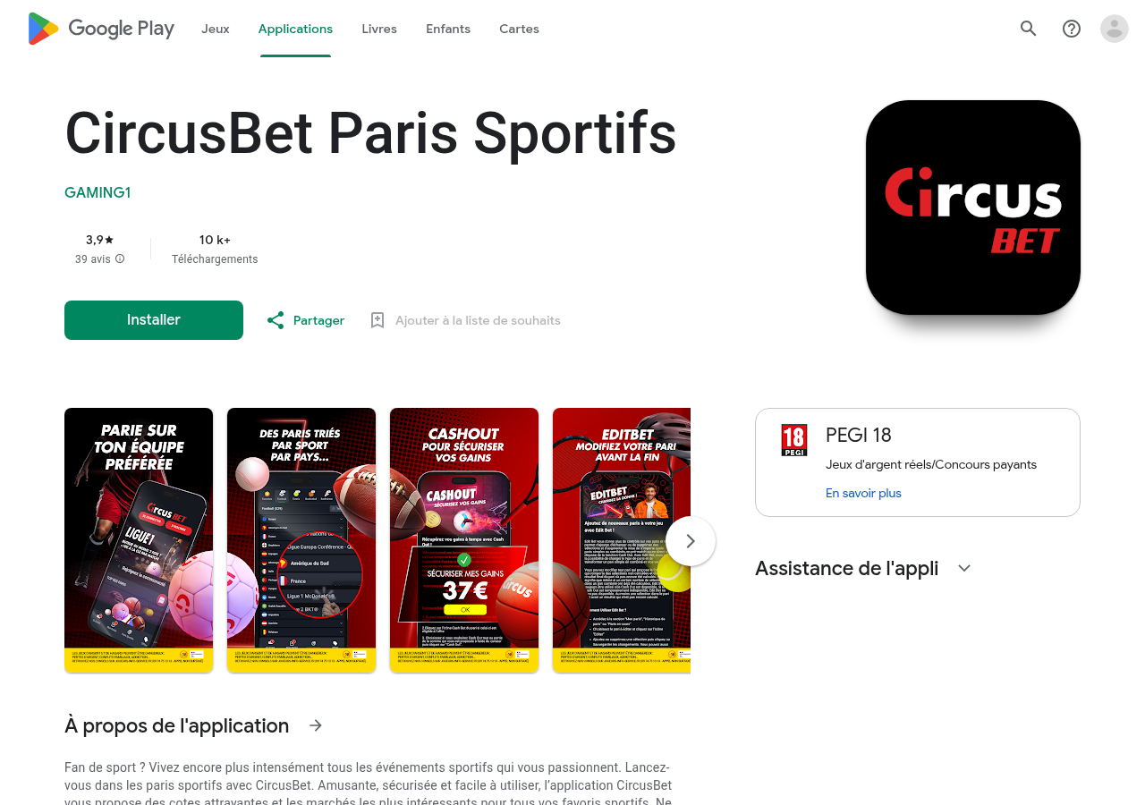 Fiche Circusbet et avis publics sur Google Play