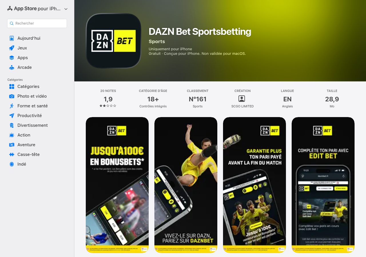 Fiche DAZN Bet Sportsbetting et avis publics sur l’App Store français