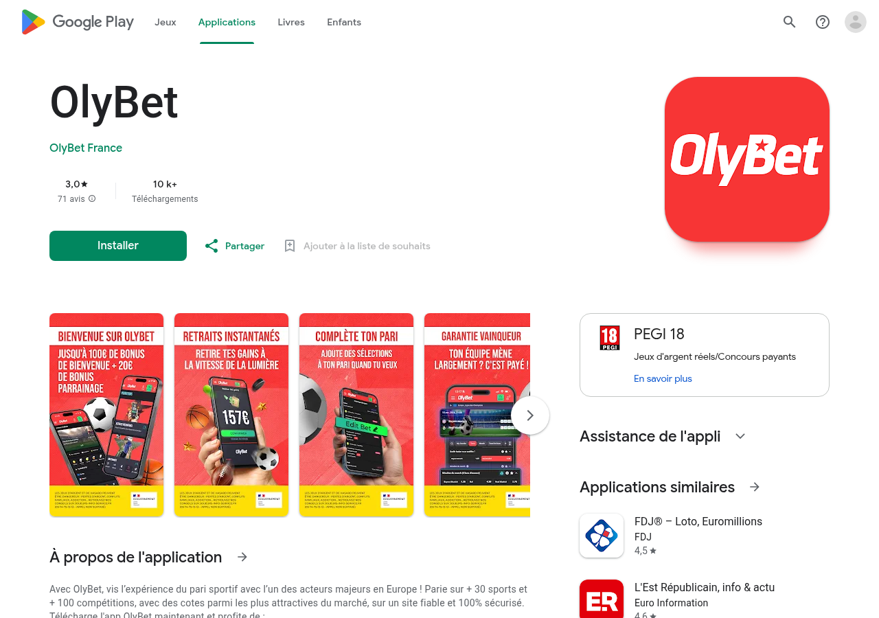 Fiche OlyBet France et avis publics sur Google Play
