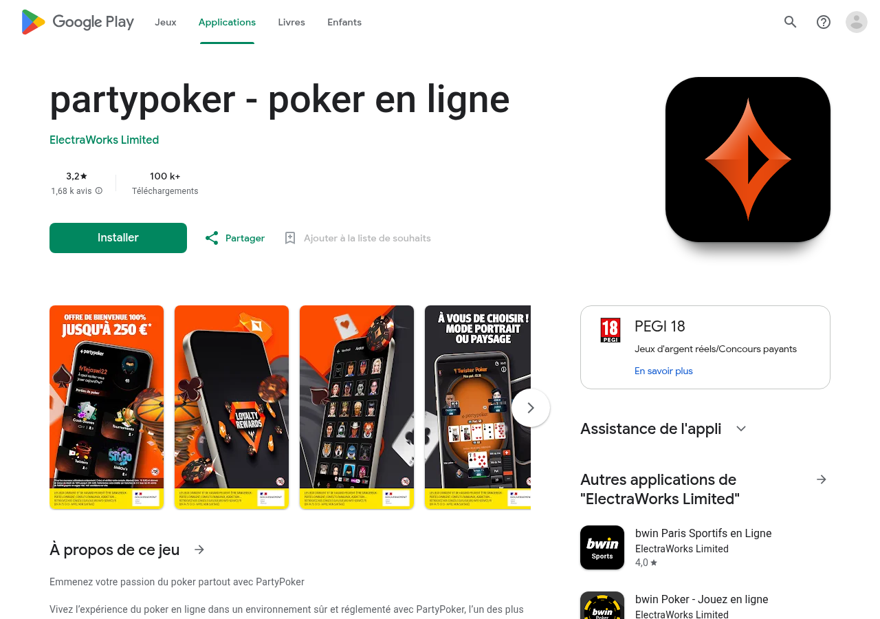 Fiche partypoker et avis publics sur Google Play France