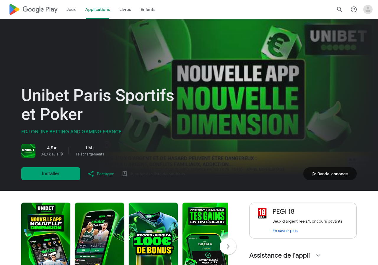 Fiche Unibet Paris Sportifs et Poker et avis publics sur Google Play